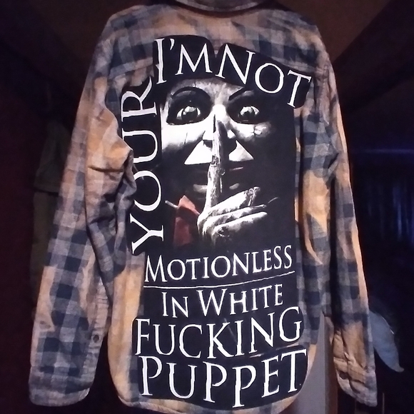 upcycled bleached flannel shirt w/ custom MOTIONLESS IN WHITE back patch - Picture 1 of 3